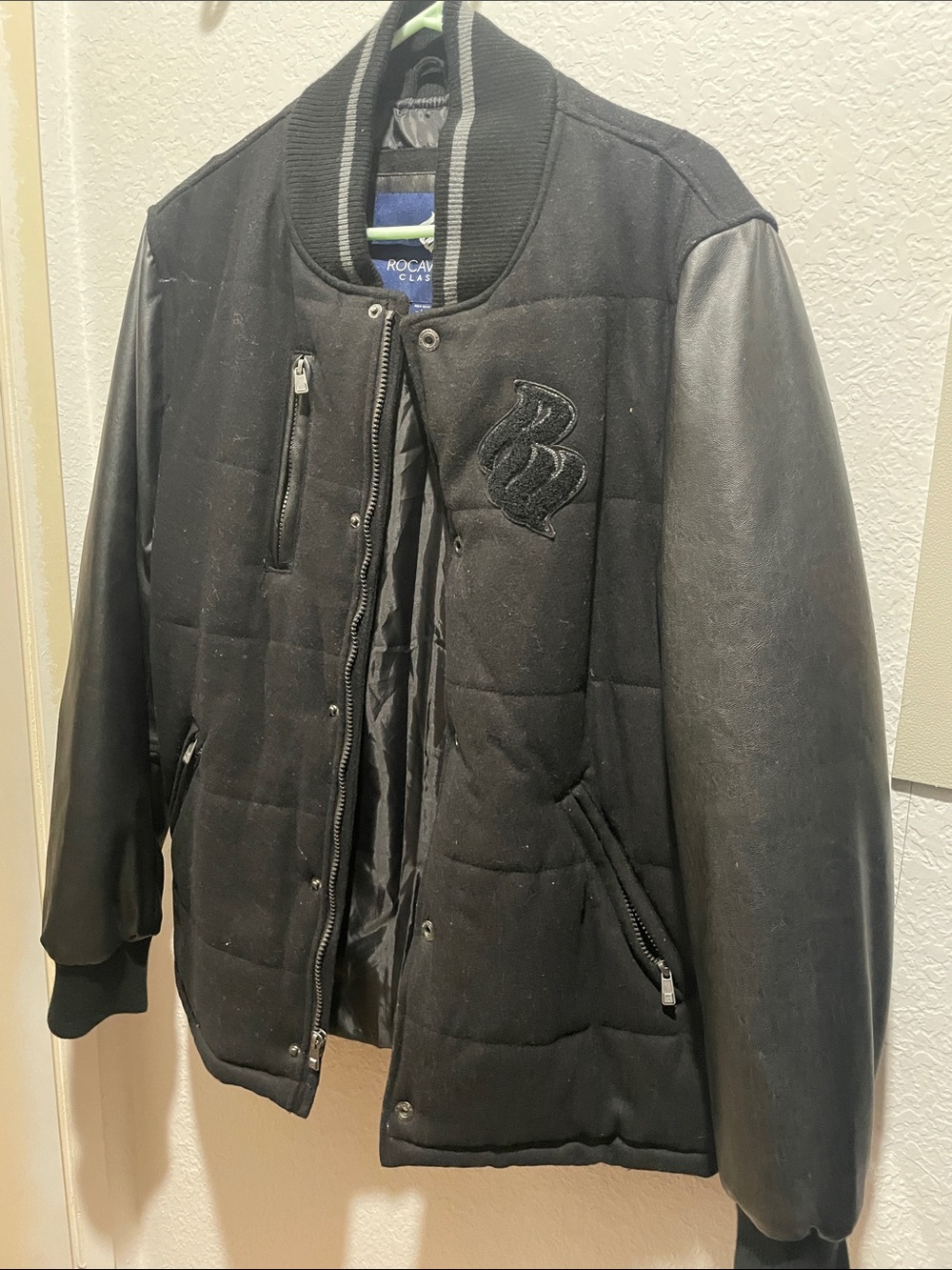 Men Rocawear Black Quilted Bomber with Leather-Look Sleeves
